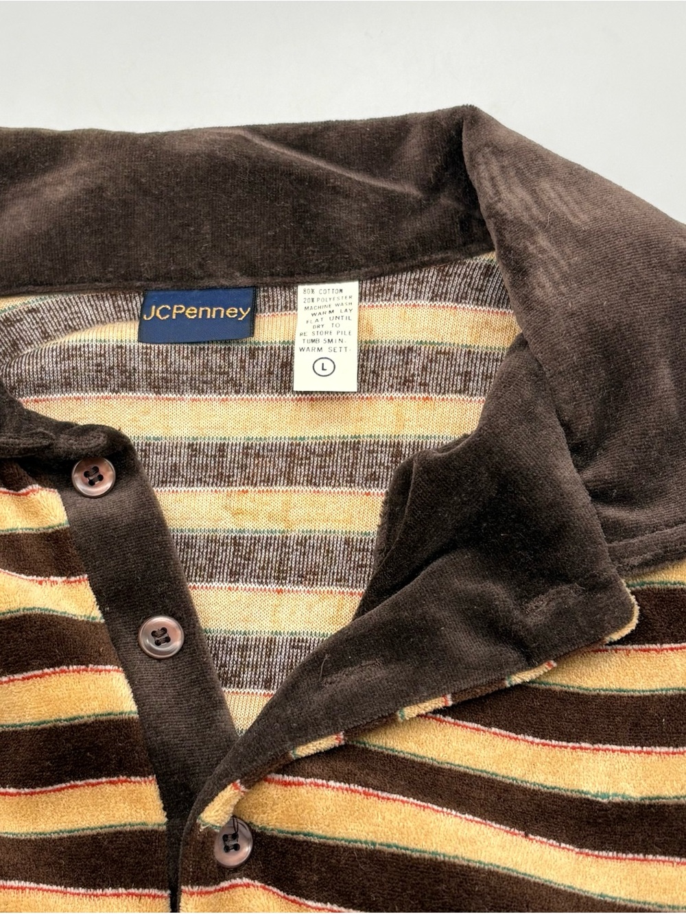 JCPenney Velour Shirt Mens Large Vintage 1970s Disco Hipster Skate Brown Striped - Picture 5 of 7